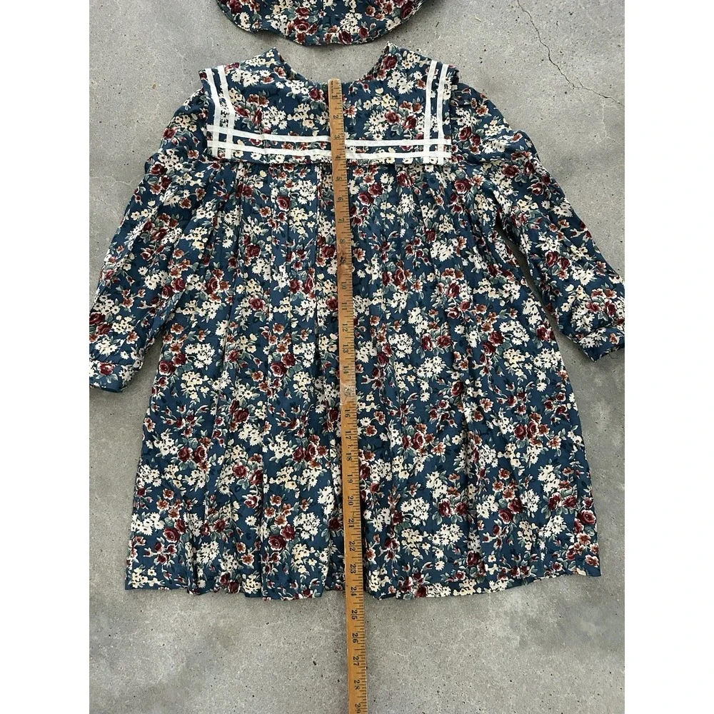 VINTAGE COTTAGECORE FLORAL BIB COLLAR DRESS & HAT SZ L Kids By La Belle‎